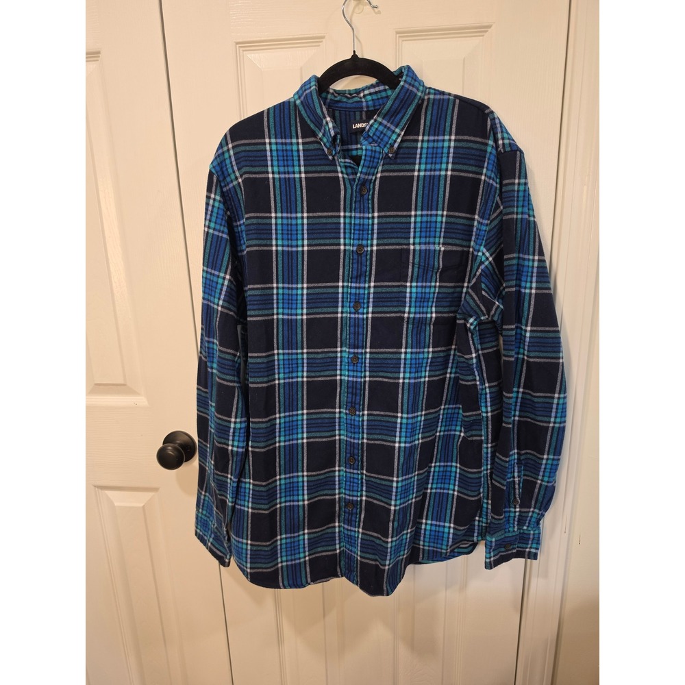 Lands End Mens Blue Teal Plaid Flannel Shirt Traditional Fit Large Tall L/T
